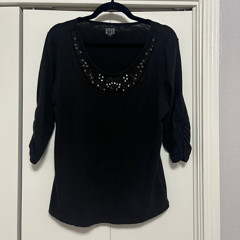 Canyon River Blues Women's Black Embellished Neck 3/4 Sleeve Top Size L